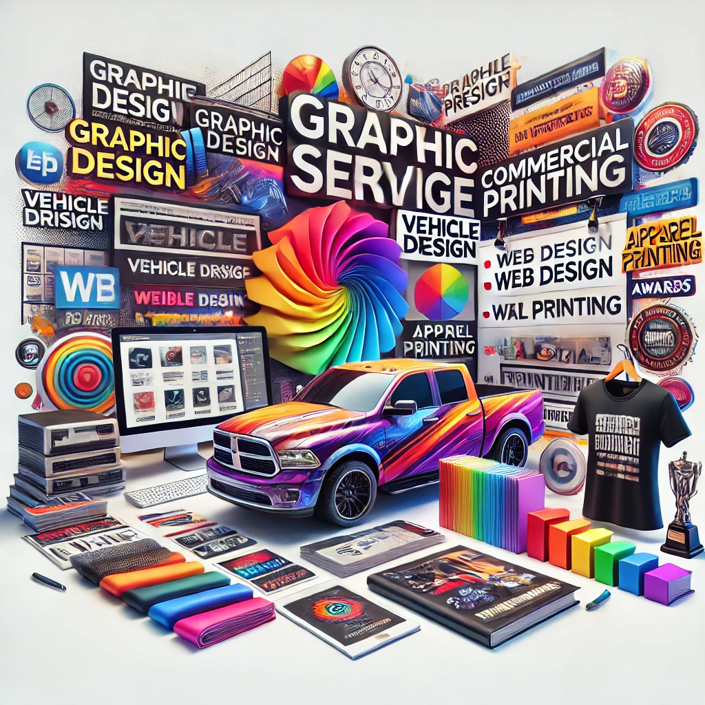 graphic design, vehicle wraps, web design, apparel printing, commercial printing, and awards